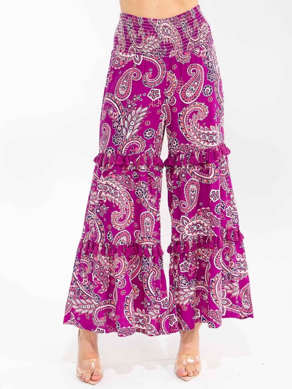 Fuchsia Paisley Tiered Ruffle Palazzo Pants